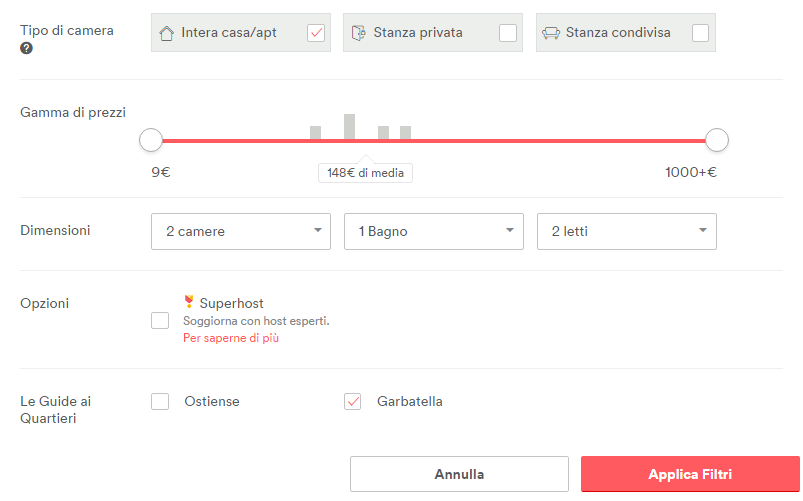 Filtri Airbnb